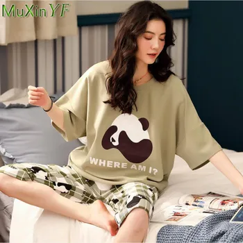 Pijama Mulheres De Verão Do Algodão Fino O-Pescoço Pijamas Homewear Duas Peças Coreano Casual Bonito Pijamas Feminino Roupas De Dormir Em Casa Roupas