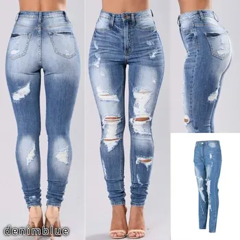 Podre Jeans Rasgado com Pés e Elástico Mendigo Magro Calças calças de Brim das Mulheres