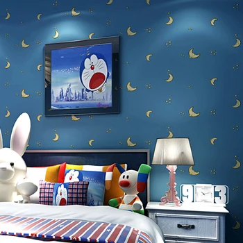Q QIHANG Moderno Cartoon Padrão de Estrelas e a Lua Sala de estar, Sala de Crianças Não-tecido de papel de Parede, de Cor Azul, de 0,53 m*10m=5.3m2
