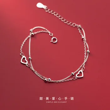 Real de Prata 925 com duas Camadas de Coração de Amor Cadeia Perla o Bracelete Pulseiras de Finas Jóias para Mulheres