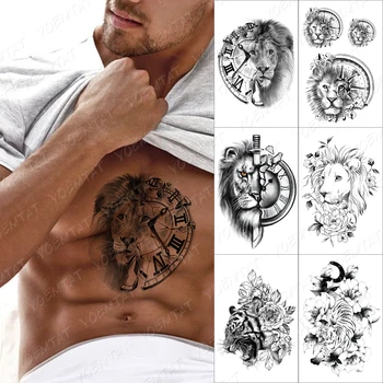 Relógio Leão Faca Da Etiqueta Temporária Tatuagem Para Homens Mulheres Flor De Rosa Lobo Impermeável Falso Henna Tigre Do Corpo Dos Animais Arte Tatoo Decalque
