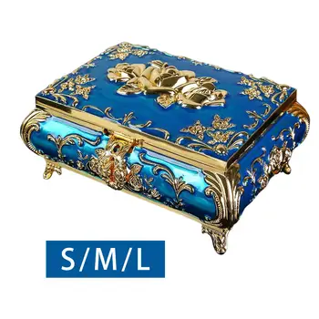 Retângulo Caixa do Trinket Floral Gravado Caixa Azul, Tesouro Organizador Peito Lembrança Rustless com Divisórias Dentro Fadeless Durável