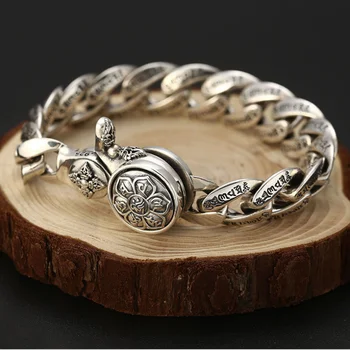 S925 prata esterlina grande tendência vintage selvagem vajra pulseira homens de prata Tailandês de seis caracteres mantra pulseira masculina jóias