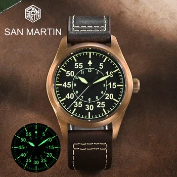 San Martin de Bronze Piloto Militar YN55 Estilo Retro Homens Relógio Mecânico Automático de Luxo C3 Luminosa Safira 20 Bar Impermeável