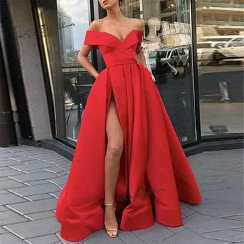 Sexy-de-Rosa Vermelha Longos Vestidos de Baile 2020 off Ombro Cetim Dividir Lado Festa de Ocasião Especial de Vestidos de Noite com Bolsos do Robe de Bal