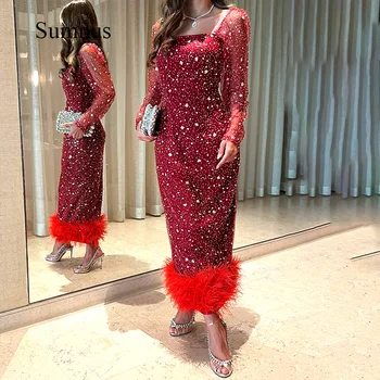 Sumnus Dubai Luxo Vestido De Manga Longa De Pescoço Quadrado De Lantejoulas Beading Vestidos De Baile Pena De Chá De Comprimento Concurso De Vestidos De Noite