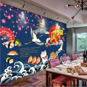 Tamanho personalizado Sushi Gourmet Papel de Parede 3D Culinária Japonesa Sushi Restaurante Industrial, Decoração Azul de Fundo Mural, papel de Parede 3D