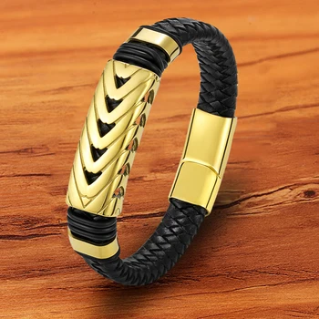 TYO Moda Charme Magnético Trançado Corda Tecida Bracelete de Couro de Homens Glod Preto em Camadas Jóias por Atacado Acessórios