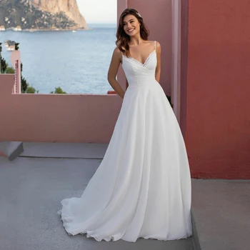 UZN Elegante Marfim de Chiffon Praia Vestido de Noiva Decote em V com Alças finas, Vestidos de Noiva Marfim de Noivas Vestidos Personalizado