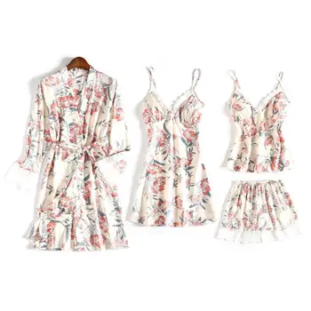 V-pescoço Impressão Camisola de Alça Nighty 4PCS Shorts Manto Conjuntos de Femme Pijama Conjuntos de Pijamas de Verão Ternos Íntimo Laço de Pijamas Homewear