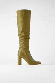 verde botas de salto alto grosso-heelePointed dedo do pé das mulheres plissado botas clássico apricotd joelho comprimento botas diário primavera/outono estilo