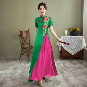 Verde Chinês Noite, Vestido de Festa Vestido de Dama Vintage de Impressão Floral Cheongsam Bige Tamanho 3XL-5XL Qipao Botão Requintados Vestidos