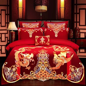 Vermelho casamento Chinês do estilo do Dragão e phoenix roupa de Cama de Algodão Conjunto de Capa de Edredão de Cama de Linho Equipado Folha de Fronhas de Têxteis Lar