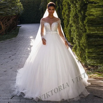 VIKTORIA de Luxo Vestidos de Noiva de Tule Brilhante Frisado Sequine Cinto Personalizado Tribunal de Trem de Uma linha de Apliques de Vestidos Fazer a Noiva