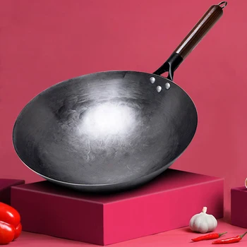 Wok tradicional do ferro,Não de revestimento Woks Mão forjado Para a Cozinha Punho de Madeira Wok de Cozinha a Gás Pote Utensílios de cozinha